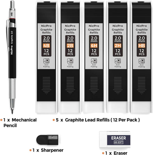 Nicpro 2.0 mm Mechanical Pencil Set, Artist Metal Lead Holder with 60 Graphite Lead Refill HB, 2H, 4H, 2B, 4B, Eraser,