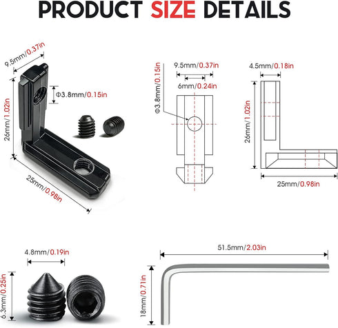 20pcs Black 2020 Series L-Shape Interior Corner Connector Joint Bracket with Screws + 1 Wrench for Aluminum Rail