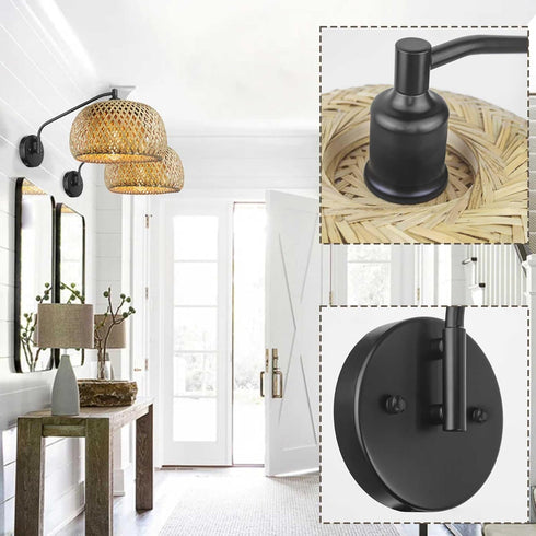 Natural Rattan Wall Sconce, Mini Bamboo Wall Light Fixture, Handmade Boho Rattan Light, Farmhouse Light Fixtures