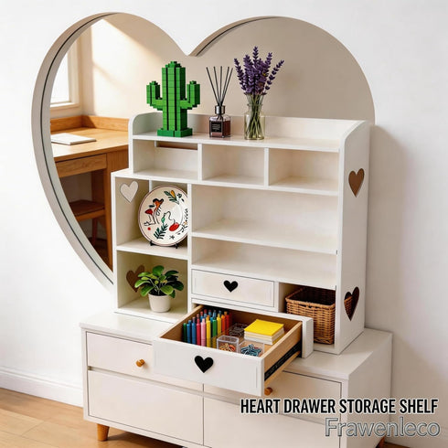 White Heart Drawer Bookshelf, Desktop Organizer with Shelves & Heart-Shaped Drawer for Desk, Office, Dorm - Display