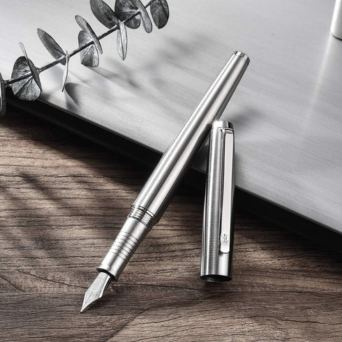HongDian Stainless Steel Fountain Pen, Iridium Fine Point with Converter and Metal Pen Box