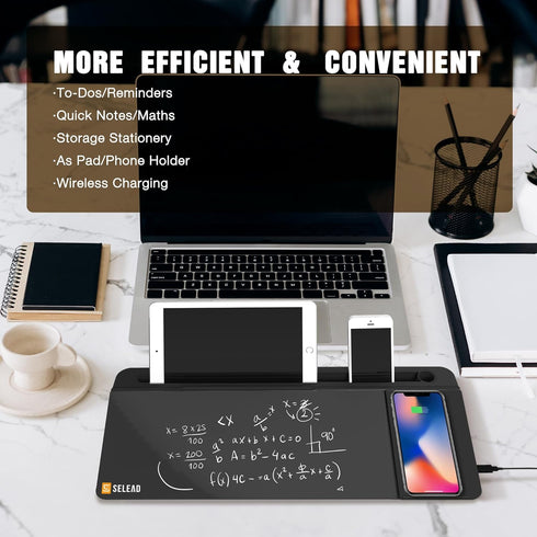 SELEAD Desktop Glass Whiteboard with Wireless Charger Station, Dry Erase Board Computer Pad with Organizer for Home
