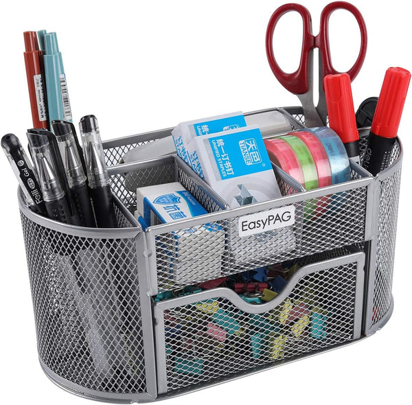 EasyPAG Mesh Desktop Organizer, Multi-functional Caddy with Drawer, Silver