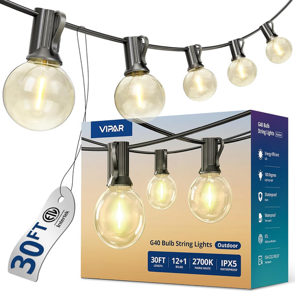 VIPAR Outdoor String Lights, 30FT 13 G40 Bulbs Patio Lights Outdoor Waterproof,