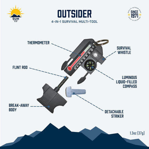 Sun Company Outsider - 4-in-1 Survival Multi-Tool, Compass, Thermometer, Whistle, Fire Starter in Compact Zipper Pull