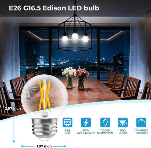E26 G16.5 Bulb, Dimmable 6W 60W 4000K Bulbs 90+ 600LM, 6 Pack GvvooHome Edison LED Equivalent, Neutral White, Round