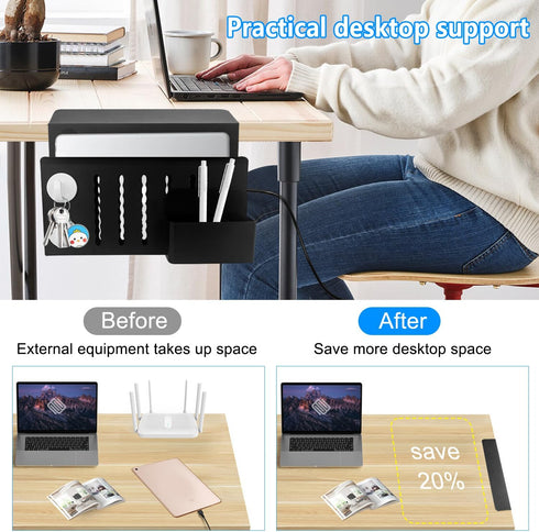 Desk Side Storage, Laptop Metal Organizer, Under Desk Holder with Pen Holder and 2 Hooks, Black