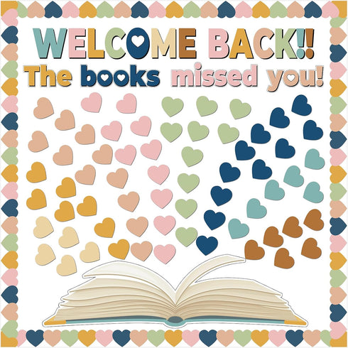 Chunnin Heart Reading Bulletin Board Decorations Set Boho Heart Border Cutout for Welcome Back to School Decor