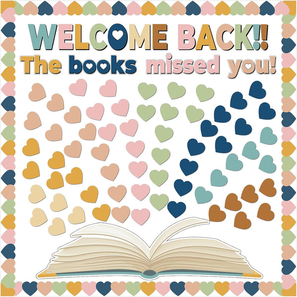 Chunnin Heart Reading Bulletin Board Decorations Set Boho Heart Border Cutout for Welcome Back to School Decor