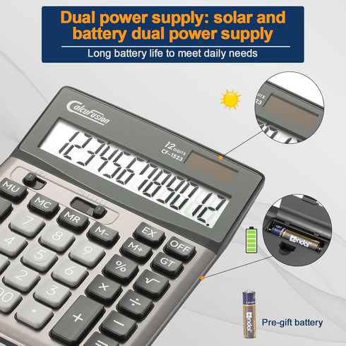 Desktop Calculator 12 Digit with Large LCD Display, Basic Solar Calculator with Battery for Office School Home CF-1523