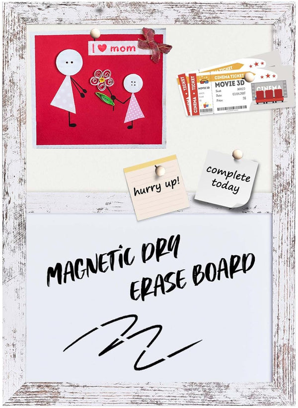 White Felt Board Combo with Bulletin Board and Whiteboard, 10.2" x 14.2", White Wood Frame, Whiteboard+WH-2636WH