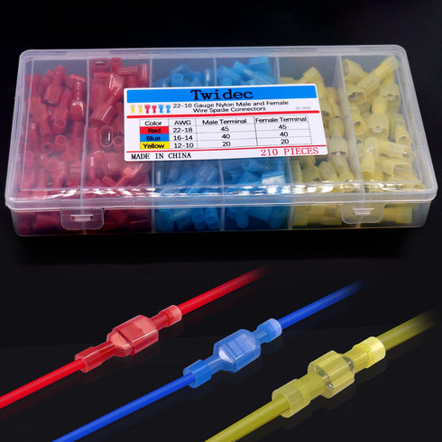 Twidec 210PCS Nylon Spade Connectors Kit - 22-10 Gauge Male and Female Wire Spade Terminal Quick Disconnect Fully