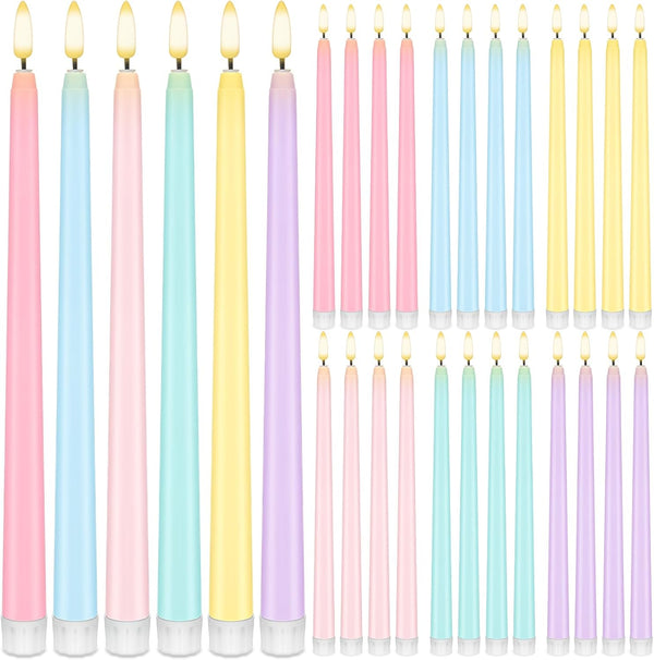 Baquler 24 Pcs 11'' Pastel Flameless Taper Candles Colorful LED Candle Sticks