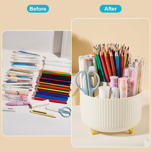 Desk Pencil Pen Holder, 5 Slots 360 Degree Rotating Organizer for Stationery Supplies (Cream Yellow)