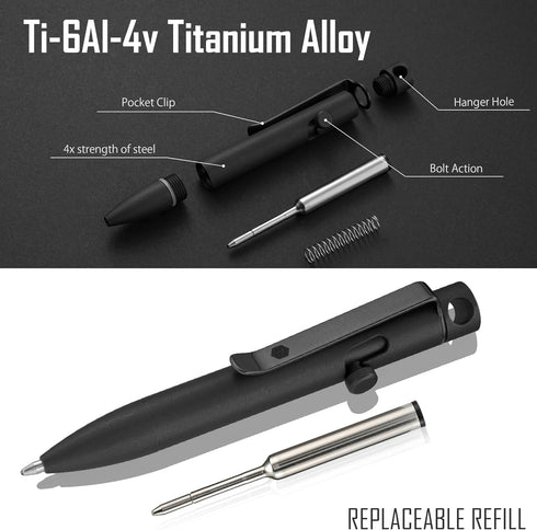 KeyUnity KP05BK Bolt Action Pen with Clip, Titanium Alloy EDC Pocket Pen for Everyday Carry