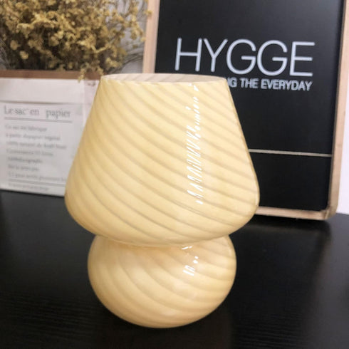 BSOD Glass Mushroom Bedside Table Lamp, Yellow Translucent Murano Vintage Style Striped Small Nightstand Desklamp Swirl