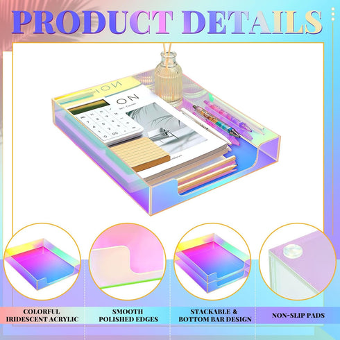 Maxcheck 2 Pcs Iridescent Acrylic Letter Tray, Non-Slip Rubber Organizer, Stackable Mail Tray for Desk, Office, Home
