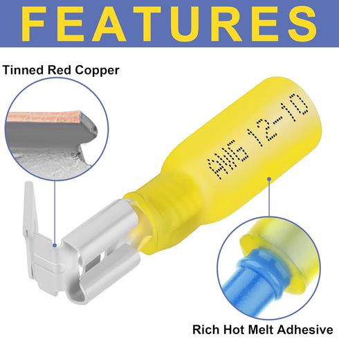 haisstronica 120 PCS Yellow Heat Shrink Piggyback Spade Connectors, 12-10 AWG Quick Disconnect Piggyback Terminals