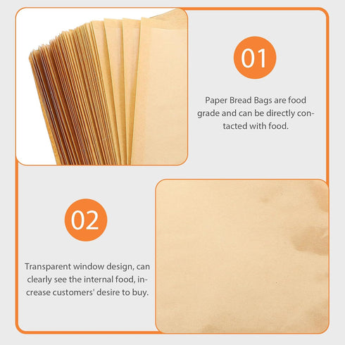 18x19cm, Packaging 100pcs Kraft Paper Bread Bags with Window Oil-resistant Toast Pouches for Homemade Bread