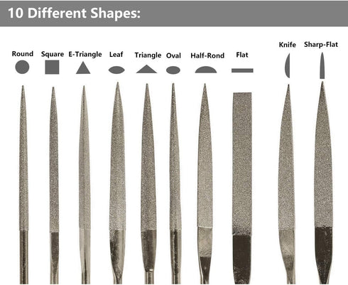 YAKAMOZ 10pc Mini Diamond Metal Files Set - Micro Round Needle, Triangular Square Flat Riffler Files for Jewelry, Wood,