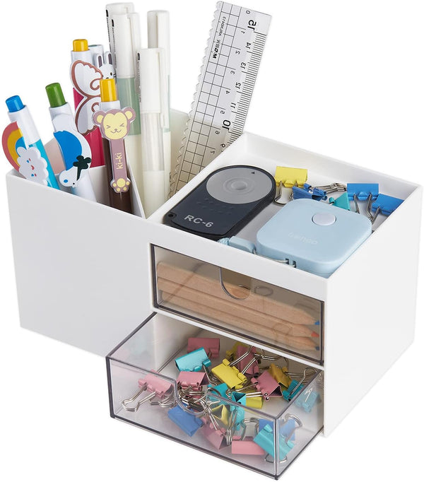 LETURE Office Desk Organizer with Drawer - Business Card/Pen/Pencil/Mobile Phone/Stationery Holder, White