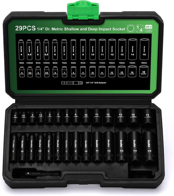 TecoTek 29 Pieces 1/4-Inch Drive Shallow and Deep 12-Point Impact Socket Set,