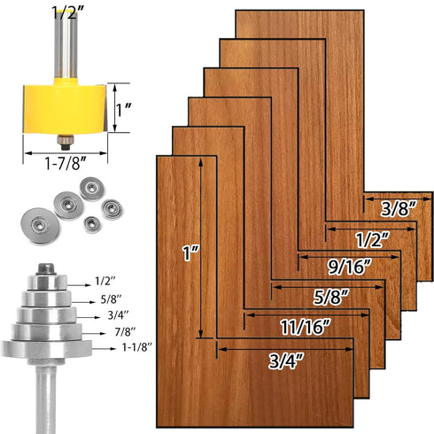 Set 6 1",Slot 3/4", 11/16", 5/8", 9/16", 1/2",3/8" Rabbet Router Bits with Interchangeable Bearings,Cutting Height