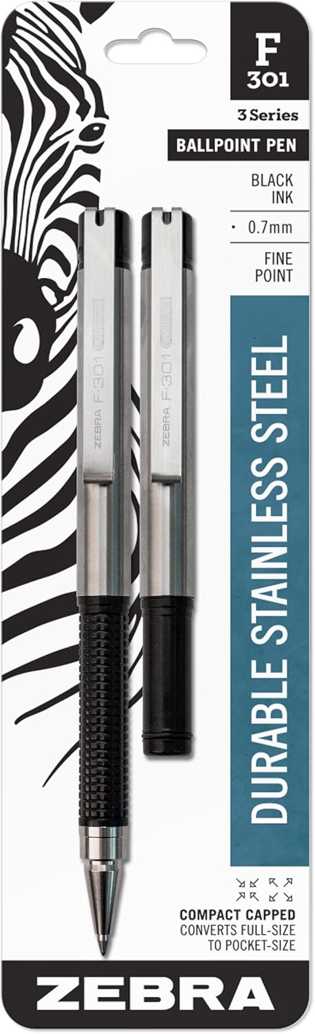 Zebra Pen F-301 Compact Retractable Ballpoint Pen, Stainless Steel Barrel, Fine Point, 0.7mm, 2-Pack
