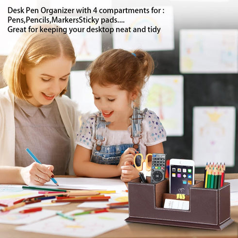 PUSU Desk Pencil Holder - PU Leather Pen Holder for Desk, Multifunctional Organizer with 4 Compartments