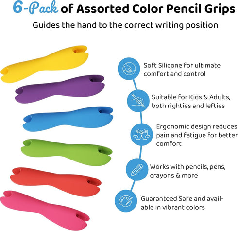 ELETIUO Adults,6-Pack Pencil Grips for Kids and Silicone Holders for Handwriting,Drawing,and Coloring,Ergonomic