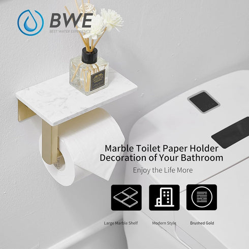 304 BWE Brushed Gold Toilet Paper Holder with Marble Shelf, Toilet Paper Roll Holder Wall Mounted, Toilet Paper Roll