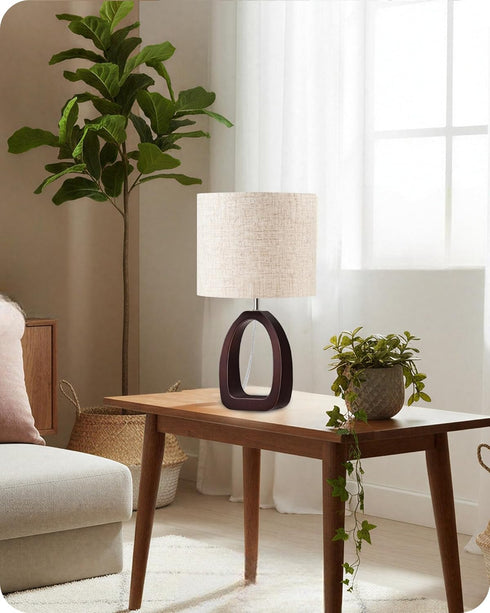 14.2" E26 Bulb STE07TL05 Small Table Lamp, Cute Little Desk Lamp, Wood Bedside Lamp with Beige Linen Lampshade & Dark