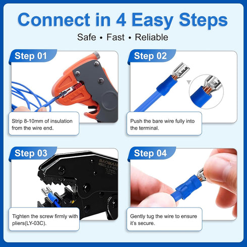 Baomain 100-Pack 0.187" Female Quick Disconnect Spade Terminals - 16-14 AWG 4.8mm Insulated Crimp Connectors Blue