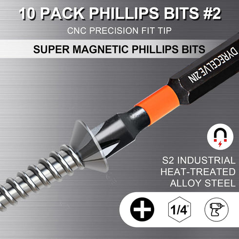 10-Pack Phillips Bits #2 Impact Magnetic, 2-Inch Long PH2 Bits, Premium S2 Alloy Steel Drill Bits