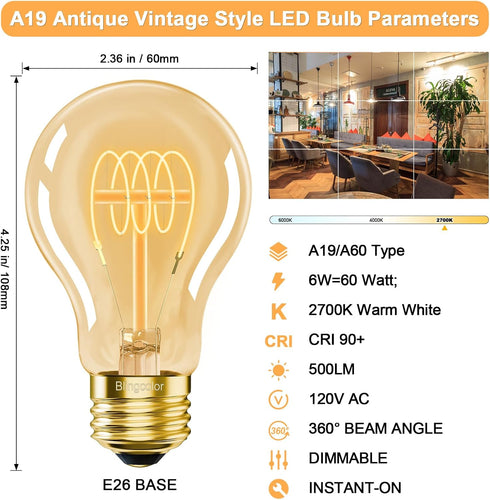 A19 Vintage LED Edison Bulbs 60 Watt, 4-PACK Dimmable E26 A19 6W LED 2700K Warm White Light Bulbs, E26 Base 6W LED Equal 60W A19/A60 Decorative Spiral LED Amber Light Bulb, 500LM (Upgrade Version) by BLINGCOLOR