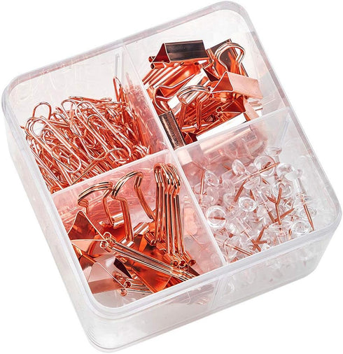 Paper Clips and Binder Clips Set, Metal Assorted Sized Binders with Push Pins, Cute Rosegold Office Supplies for Desk,