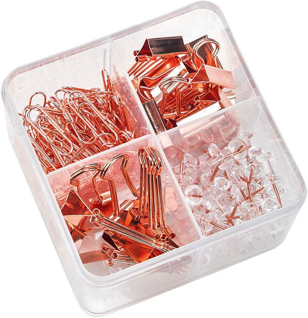 Paper Clips and Binder Clips Set, Metal Assorted Sized Binders with Push Pins, Cute Rosegold Office Supplies for Desk,