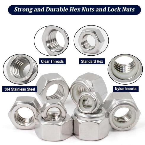 ZQZ 345 Pack 4#40 6#32 8#32 10#24 10#32 12#24 1/4-20 5/16-18 3/8-16 7/16-14 1/2-13, 304 Set SAE Hex Nut & Lock Nuts