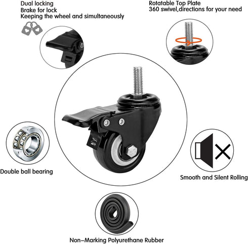 2" Stem Caster Wheels with Safety Dual Locking, 600Lbs Heavy Duty, No Noise Swivel Casters, Set of 4