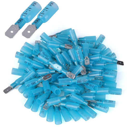 100 PCS 16-14 AWG Waterproof Heat Shrink Quick Disconnect Connectors, Crimp Electrical Wire Male Spade for Marine