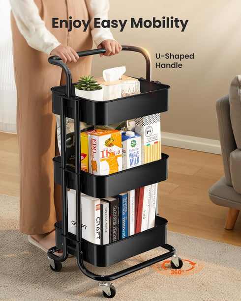 Pipishell 3 Tier Mesh Utility Cart, Rolling Metal Organization Cart with Handle and Lockable Wheels for Kitchen Living