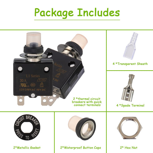 30A Manual Reset Push Button Circuit Breaker 125/250V AC 50V DC with Quick Connect Terminals and Waterproof Caps