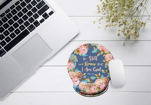Bible Quote Mouse Pad, Be Still and Know That I am God - Psalm 46:10 Watercolor Floral Mousepad with Wrist Support