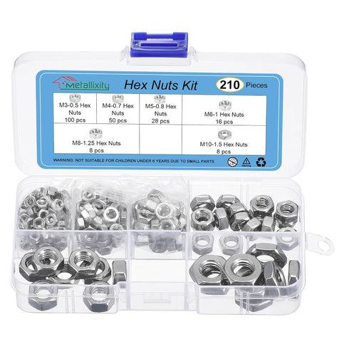 Hex Nuts Assortment Kit (M3-0.5, M4-0.7, M5-0.8, M6-1, M8-1.25, M10-1.5) 210Pcs, 304 Stainless Steel Hexagon Nut