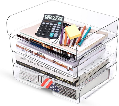 Clear Stackable Paper Trays 4 Pack, Desktop Racks with File Bags for Books, Magazines, and A4 Size Paper