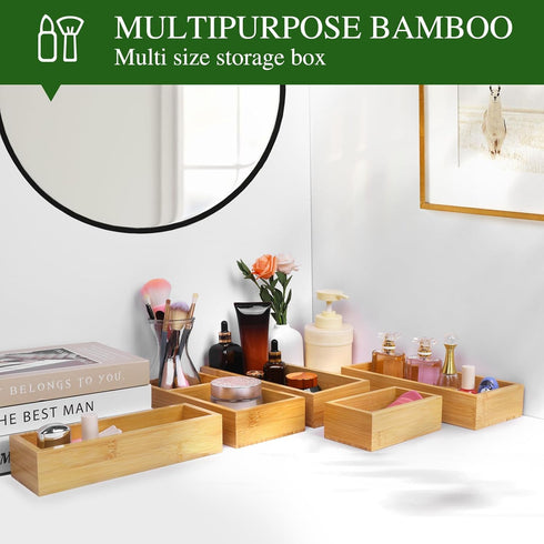 Bamboo Drawer Organizer Set, 5 PCS Multi-Use Individual Wood Storage Organizers for Kitchen, Bathroom, Office