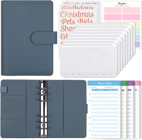 SKYDUE A6 Budget Binder, Money Organizer with 8pcs Zipper Envelopes, 12pcs Expense Sheets & 24 Sticky Labels