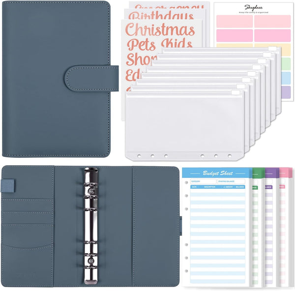 SKYDUE A6 Budget Binder, Money Organizer with 8pcs Zipper Envelopes, 12pcs Expense Sheets & 24 Sticky Labels