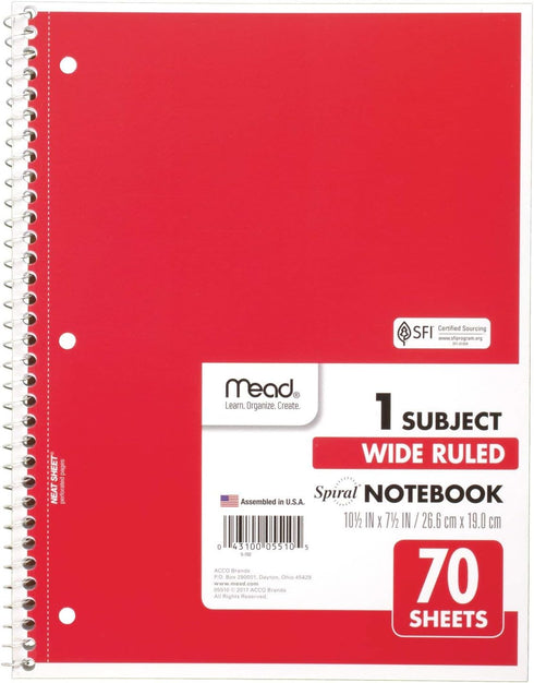 Mead Spiral Notebook, 6 Pack, 1-Subject, Wide Ruled, 70 Sheets per Notebook, 7-1/2" x 10-1/2", Color Varies (73063)