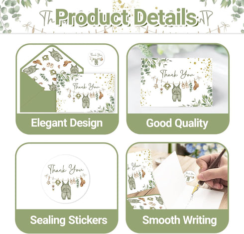 SMUAENSS 48 Pack Green Baby Shower Thank You Cards, Boy Baby Gift Card with Envelopes and Stickers, Greeting Cards Bulk